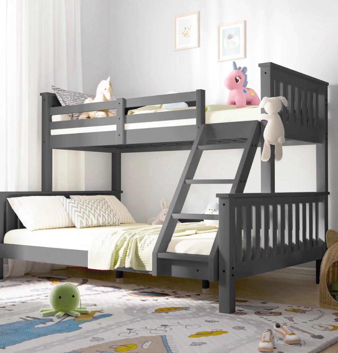 Grey timber bunk bed with single top bunk and double lower bunk